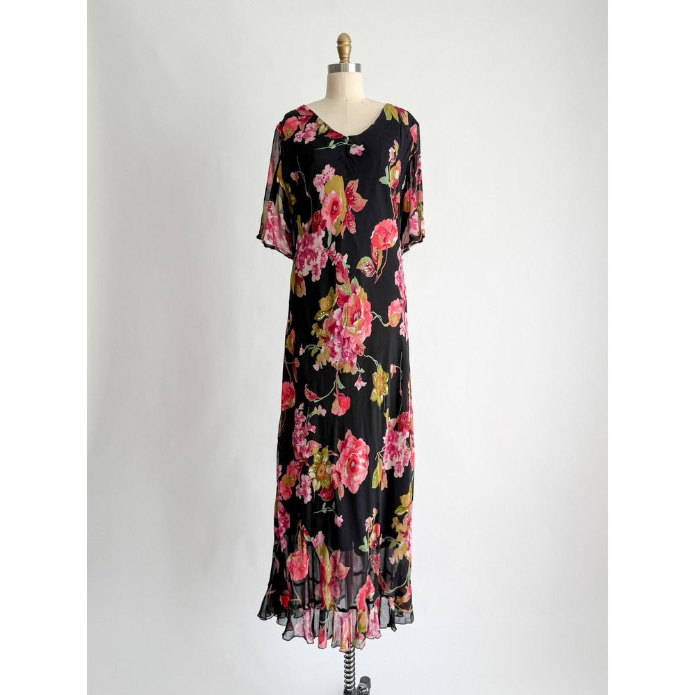 Glamor Angel Floral Maxi Dress Sequin Boho 2X Black Pink Ruffle Hem V-Neck